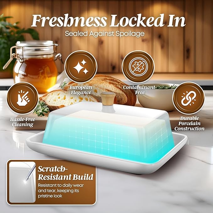 Flexzion Ceramic White European Butter Dish with Lid for Countertop (8 Inch) - Wide 2 Stick Double Butter Holder for Counter, Cream Cheese Container Storage Keeper