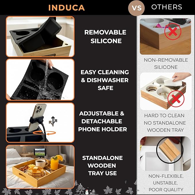 Couch Caddy with Cup Holder | Bamboo Couch Cup Holder Tray for Drinks, Snacks & Remotes | Couch Tray for Bed, Car Seat & Beach Organizer (Black)