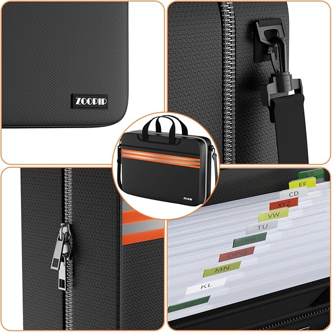 Accordion File Organizer with Lock,Fireproof Document Organizer Bag with Shoulder Strap,Large 13 Pocket Expanding File Folder,Portable Safe Storage for Letter/Legal Files,Books, Laptop-Black