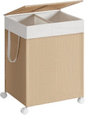 SONGMICS HOME Laundry Hamper with 2 Section, 100 L Large Rolling Laundry Basket with Wheels, Rattan Clothes Hamper with Lid, Removable Liner with Handles, Natural Beige and Matte White ULCB601N01