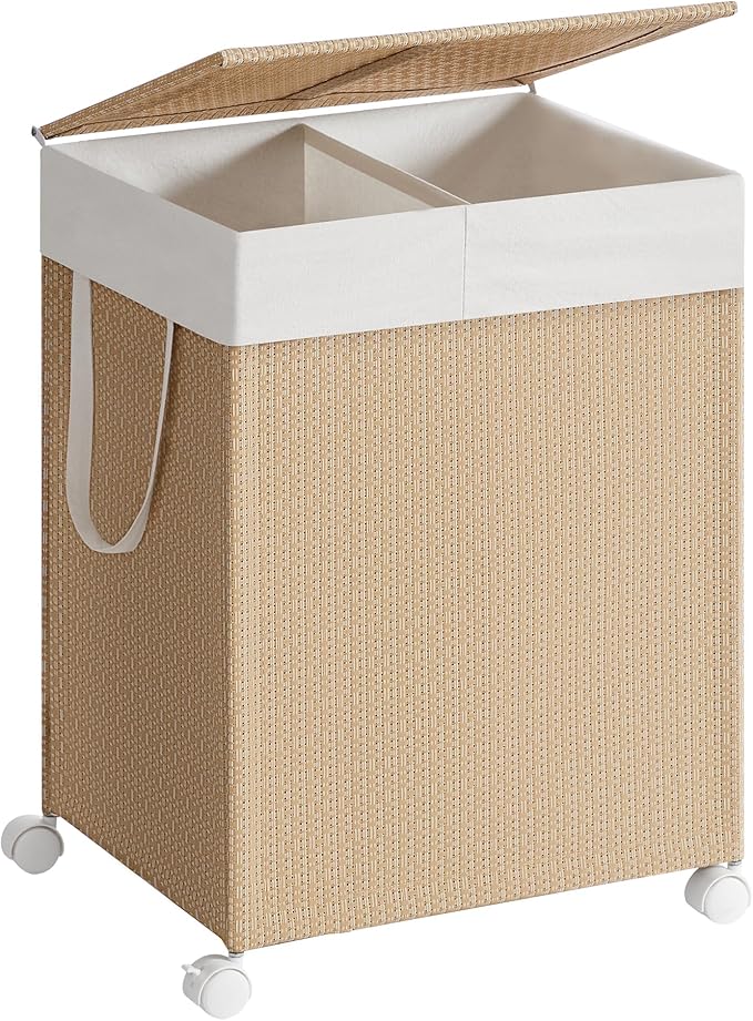 SONGMICS HOME Laundry Hamper with 2 Section, 100 L Large Rolling Laundry Basket with Wheels, Rattan Clothes Hamper with Lid, Removable Liner with Handles, Natural Beige and Matte White ULCB601N01