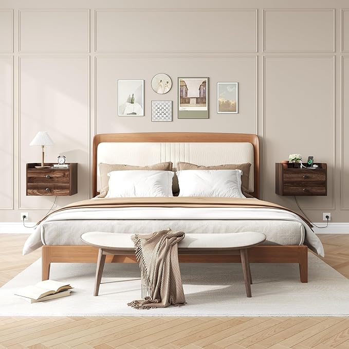 Floating Nightstand Set of 2 with 2 Storage Drawers and Charging Station Wood Wall Mounted Bedside End Table Modern Night Stands Set 2 for Bedroom,Small Space,Brown Walnut