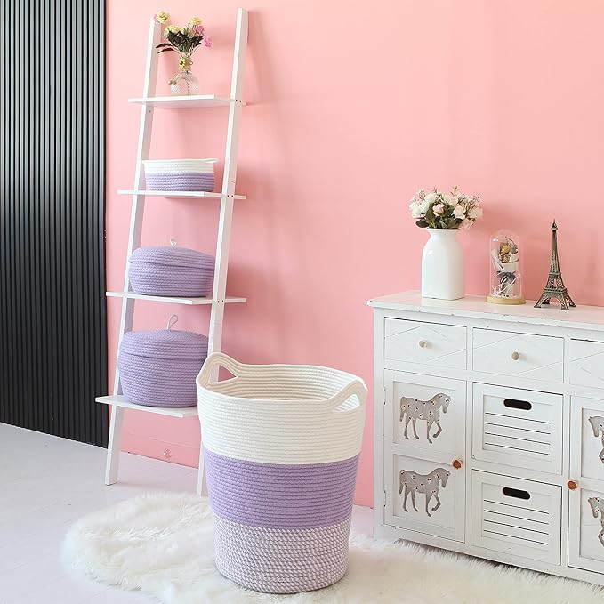 Sea Team Large Size Cotton Rope Woven Storage Basket with Handles, Laundry Hamper, Fabric Bucket, Drum, Clothes Toy Organizer for Kid's Room, 20 x 14 inches, Round Open Design, White & Mottled Purple
