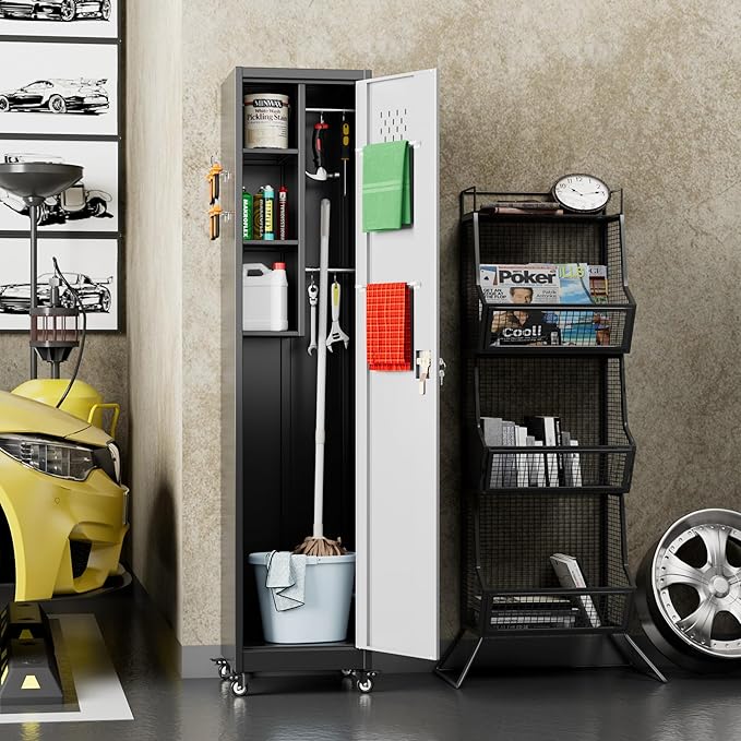 Aobabo 72" H Storage Cabinet with Wheels, Lockable Metal Cleaning Tool Cabinet with Hooks, Cleaning Supplies for Broom Rack Shelf for Broom mops Garage Storage, Assembly Required, Black Gray