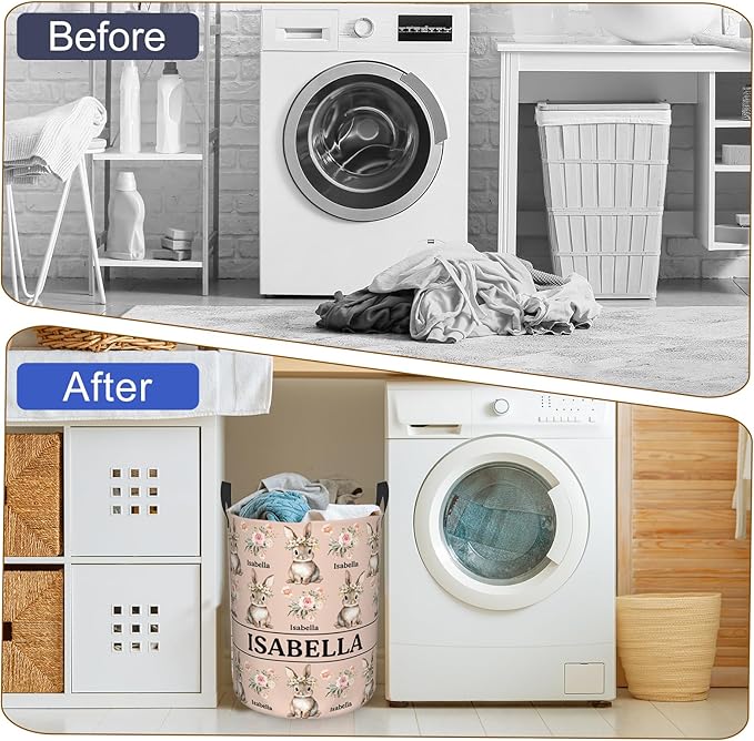 Custom Name Laundry Hamper, Personalized Rabbit Laundry Basket with Name for Boys Girls Kids Men Women, Customized Name Dirty Clothes Basket Gifts for Clothes Toy Bathroom Bedroom Laundry Room Dorm