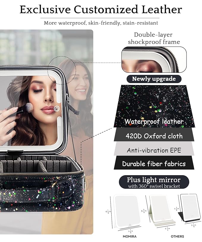 MOMIRA Travel Makeup Bag Cosmetic Bag with Lighted Mirror, Adjustable Brightness in 3 Color Scenarios/Detachable makeup mirror, 2024-All-round Upgrade, Waterproof, Gift for Women -Glett Black