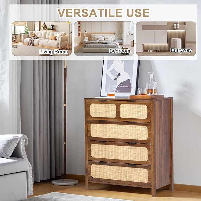 4 Drawer Dresser with Rattan Finish, Modern Farmhouse Chest of Drawers with Metal Handles, Accent Wood Storage Cabinet for Bedroom, Living Room (Walnut-4 Drawers)