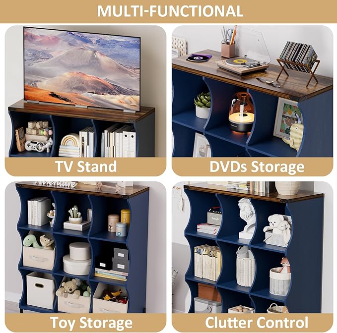 9 Cube Storage Shelf Organizer, Low Book Shelf Bookcase Entryway Table, Wood Closet Storage Display Cabinet TV Stand for Living Room, Office,Bedroom, Dorm, Blue with Natural Top