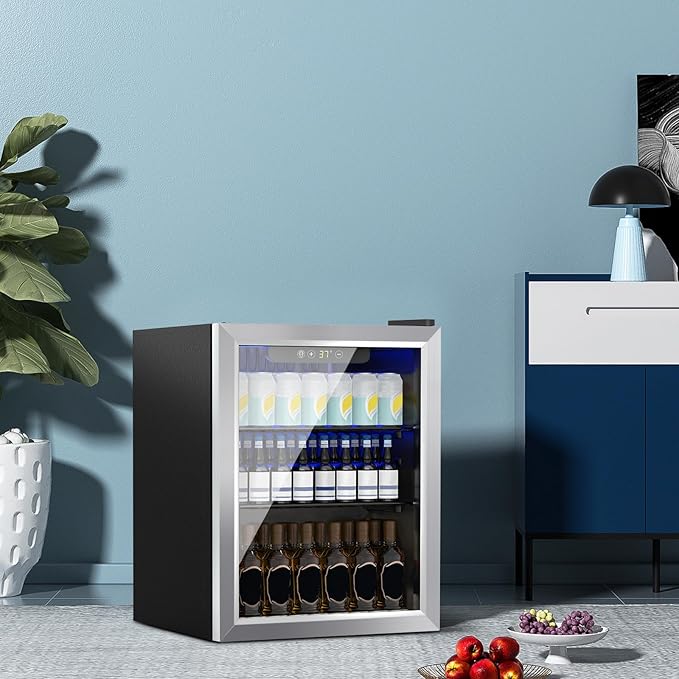 Beverage Refrigerator Cooler, 70 Can Mini Fridge Glass Door for Drinks Soda, Beer, or Wine - Small Refrigerator for Office Bedroom Home Bar, Adjustable Shelves, 1.7 Cu.Ft, Silver