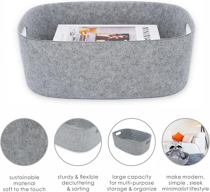 Welaxy Large Storage Basket Felt Open Desk Organize bin Shelf baskets with handles light weight carry for Magazines Books Junk Kids Toys Pet toy Clothes Laundry (Gray)