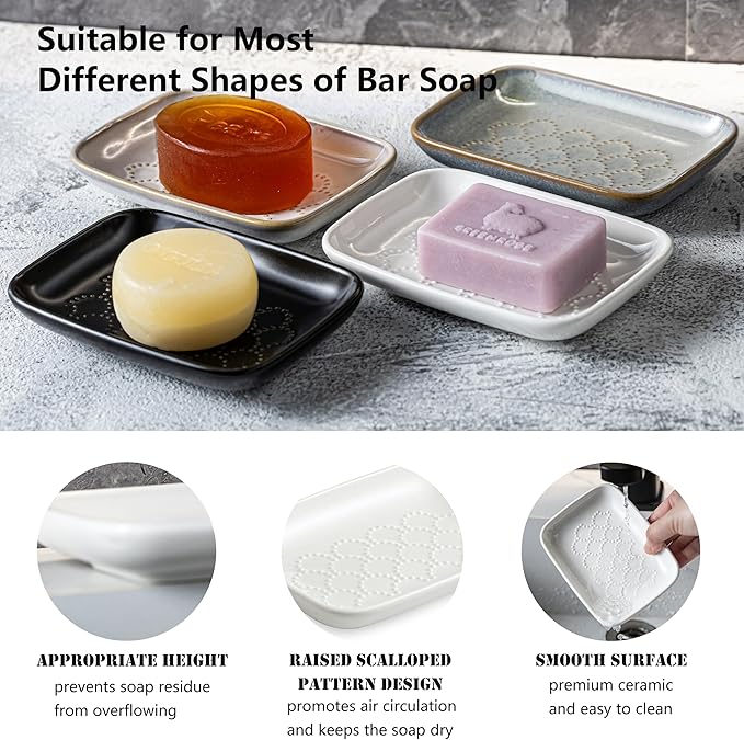 Gomakren Soap Dish for Shower, Christmas Ceramic Soap Dishes for Bar Soap Sponge, Shower Soap Holder Saver Tray for Bathroom Kitchen Sink, Easy to Clean, White