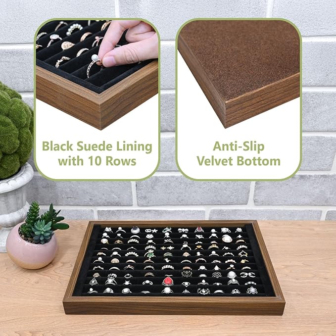 MOOCA 2 Pcs Wooden Ring Display Tray Set with Black Suede Lining, Ring Organizer for Jewelry Storage and Display, Walnut Color, 14W x 9.7D x 1.2H in