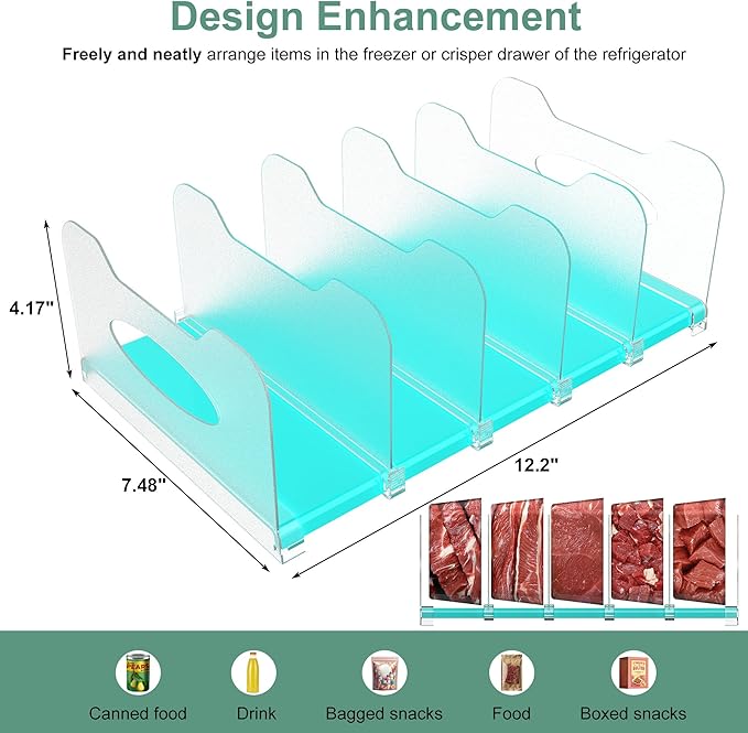Freezer Organizer 12” Visible Fridge Organizer Rack with Removable Dividers and Handles, Freely Adjustable, Fits Refrigerator Frozen Meals, Lunch Meat Box, Cheeses (Mint Green)