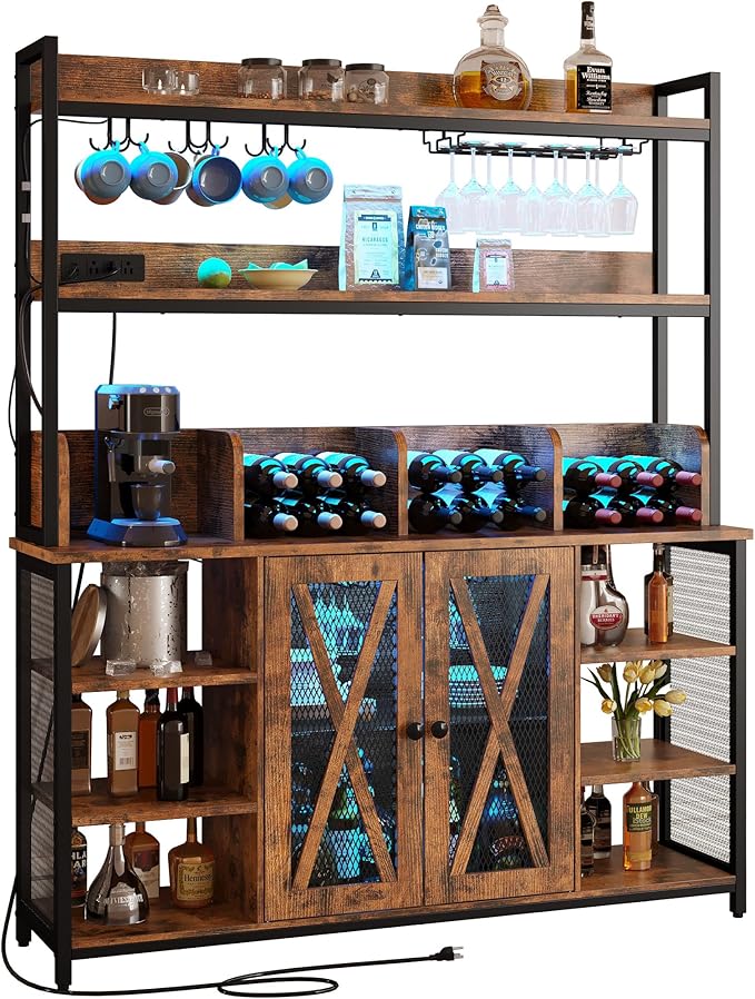 IRONCK Coffee Bar Cabinet with Power Outlet, Industrial Buffet Cabinet with LED Strip and Glass Holder, 3-Tiers Liquor Cabinet Bar for Home, Dining Room, Kitchen, Vintage Brown