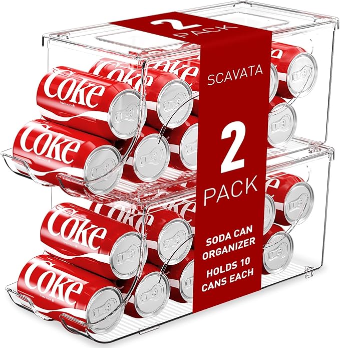 2 Pack Stackable Refrigerator Organizer, Soda Can Dispenser Pop Cans Container Beverage Holder with Lid for Fridge, Freezer, Kitchen, Clear Plastic Storage Bins-Holds 10 Cans Each (Clear)