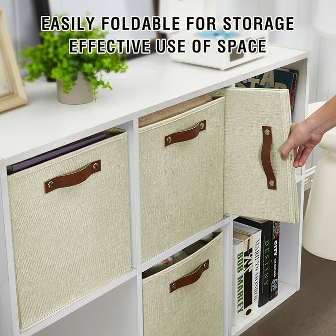 Collapsible Fabric Storage Cube Bins with 2 Reinforced PU Handles, Foldable Storage Organizer Baskets for Closet, Shelves, Living Room | 13"x13"x13", 4 Pack, Full Beige