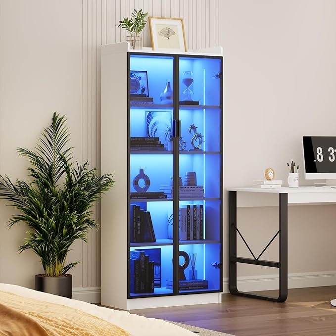Display Cabinet with Doors and Adjustable Shelves, 65" Tall Bookcase with LED Lights/Human Sensor, 5 Tier Display Case for Collectibles Bedroom Living Room Office, White