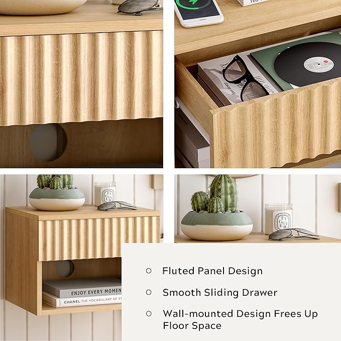 Floating Nightstands Set of 3 with Drawer and Open Shelf, Small Wall Mounted Bedside End Table, Modern Fluted Night Stand for Bedroom, Living Room, Natural Oak