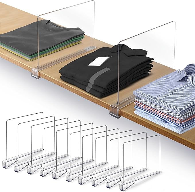10 Pack Acrylic Shelf Dividers for Closet Organization 11x7.9 Inch – Clear Closet Shelf Separators for Purses, Clothes & Sweater Storage – Vertical Bookshelf Dividers for Bedroom, Office & Kitchen