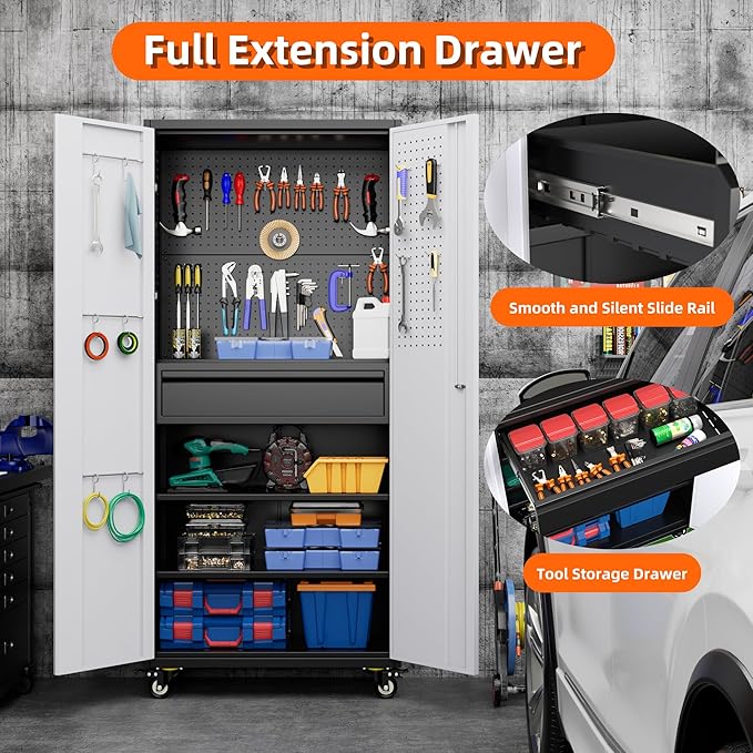Aobabo Garage Storage Cabinet with Wheels and 1 Interior Drawer, 71"H Metal Rolling Tool Cabinet with 16 Hooks and 2 Adjustable Shelves for Garage, Home, Office, Kitchen, Assembly Required, Black Gray