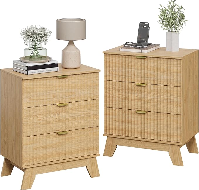 Natural Oak Night Stand with 3 Drawers, Bedside Table & End Table, 24" Wide Mid Century Modern Fluted Wood Nightstand with Metal Handles, Farmhouse Night Stands for Bedroom