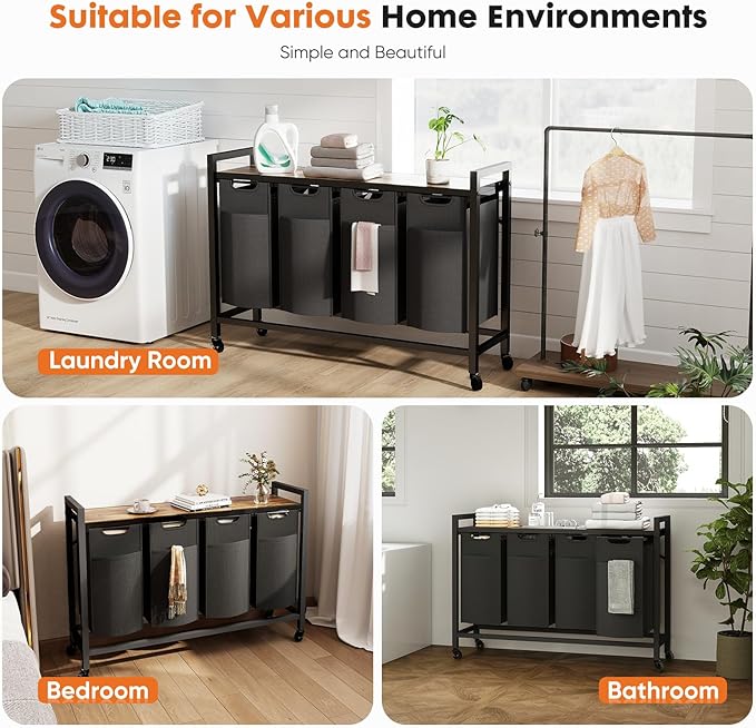 Sweetcrispy Laundry Hamper with 4 Pull-Out Removable Sorter Bags, Movable Wheels, Freestanding Clothes Basket Organizer in Bathroom, 4 × 10.6Gal (160L) Capacity, Rustic Brown and Black