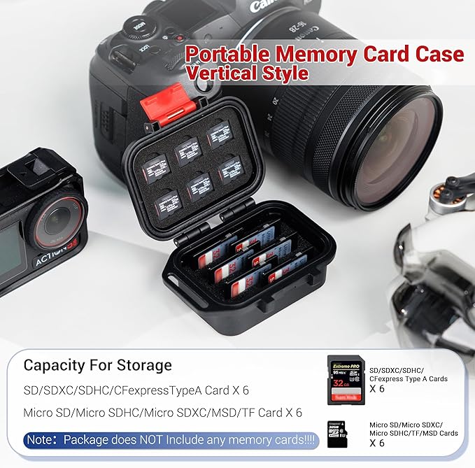 12 Slots Portable Memory Card Case,IP67 Waterproof Travel Camera SD MicroSD Memory Card Holder Storage Carrying Case for 6 SD SDXC SDHC CFexpress Type A Cards & 6 TF MSD Cards with Vertical Design