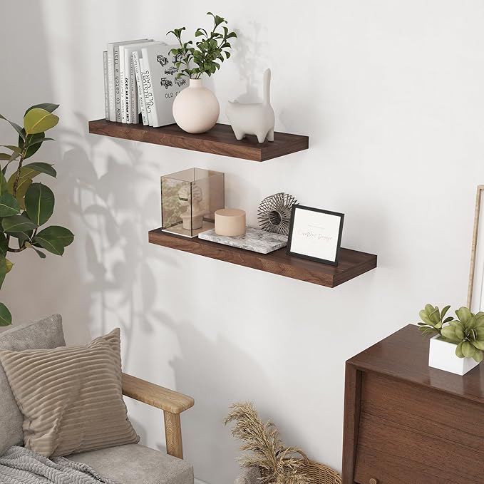 32 Inch Floating Shelves for Wall Set of 2, Rustic Wood Wall Mounted Floating Shelf for Bathroom, Bedroom, Kitchen, 9.3 Inch Deep Shelves Invisible Brackets for Books|Storage|Decor, Walnut