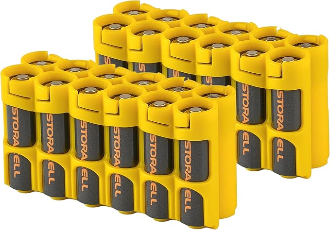 Storacell AA-12 Battery Storage Caddy and Dispenser (Pack of 2), Yellow, Holds 12 AA Batteries (Not Included), Durable & Compact Design, The Original Battery Caddy, Made in The USA