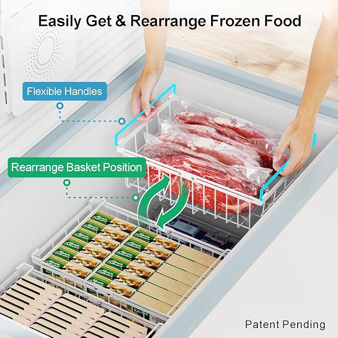 iSPECLE Chest Freezer Organizer - Fit 10 to 20 Cu.FT Freezer, 3 Pack Large Expandable Stackable Deep Freezer Organizer Bins Sort Frozen Food and Easily Get with Handle, Improve Air Circulation,White
