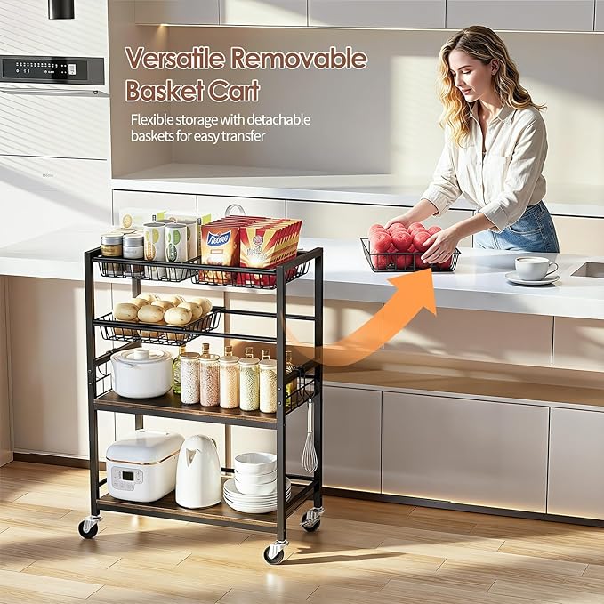 Kitchen Storage Cart, 4 Tier Utility Rolling Snack Cart, Fruit & Vegetables Basket Stand, Pantry Storage with 4 Detachable Mesh Basket for Kitchen, Bathroom, Living Room, Office, Balcony, Black