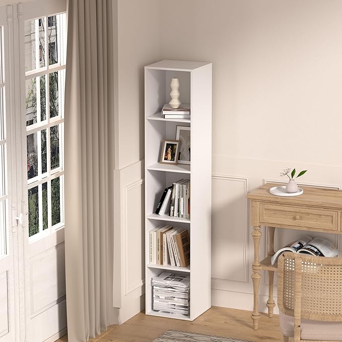 5 Cube Storage Organizer, 5 Tier Vertical Cube Bookcase Freestanding Storage Display Organizer for Home Office, Five Cubes Open Shelf Bookshelf (White, 5 Cube)