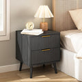 CARPETNAL Fluted Nightstand, Black Bedside Table with 2 Drawers and Gold Handles, Wood End Table Mid Century Night Stands for Bedroom Living Room