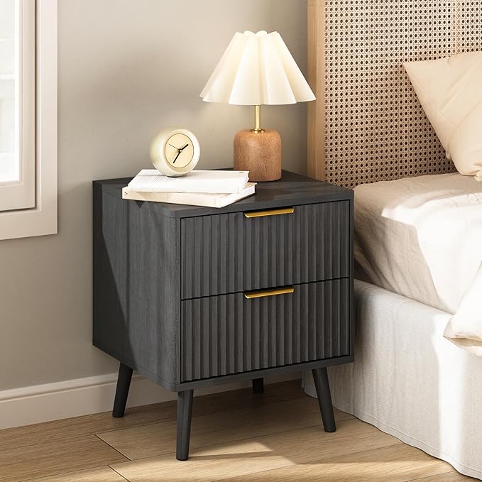 CARPETNAL Fluted Nightstand, Black Bedside Table with 2 Drawers and Gold Handles, Wood End Table Mid Century Night Stands for Bedroom Living Room