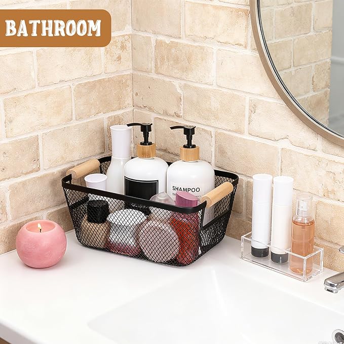 4 Pcs Metal Wire Baskets with Wooden Handles, 9.4x6.9in Wire Storage Basket, Modern Black Rectangular Metal Mesh Basket, for Cabinet Pantry Closet Kitchen Bathroom Office Fridge Fruit Makeup Snacks
