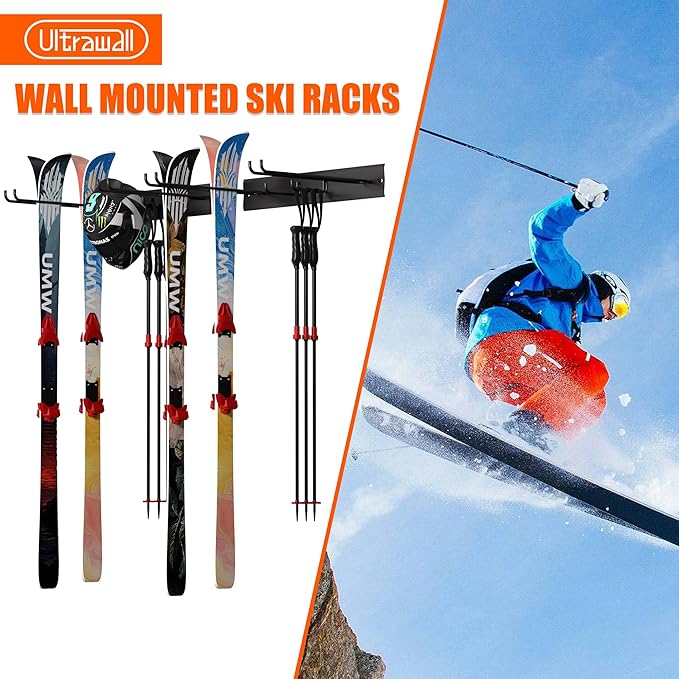 Ultrawall Wall Mount Ski Rack, Garage Ski Storage Rack, Ski Hangers For 8 Pairs of Skis