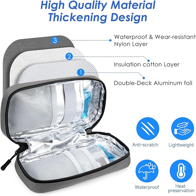 YOUSHARES Insulin Cooler Travel Case - Travel Medicine Cooler Bag for Insulin Pens and Diabetes Supplies Travel, Insulin Pen Case with 2 TSA Approved Gel Ice Pack (Grey)
