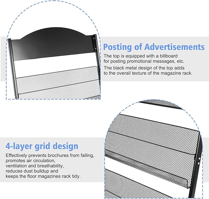 lesolar Floor-Standing Magazine Rack 4-tier Newspaper Holder Book Display Shelf Brochure Display Stand Floor Suitable for Exhibitions Shopping Malls Hospitals Offices School (Black)