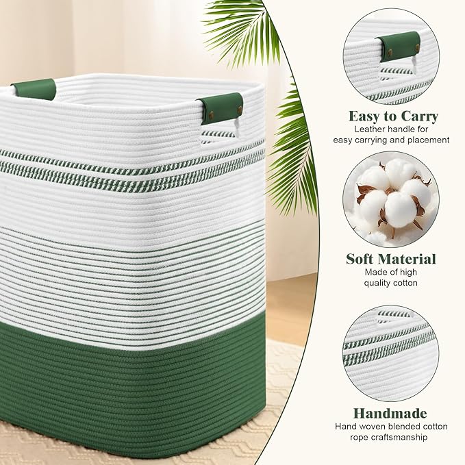 Laundry Hamper, 95L Tall Laundry Basket with Leather Handles, Rectangle Large Clothes Hamper for Organizing, Cotton Woven Laundry Baskets Storage Hampers for Bedroom, Nursery, Living Room