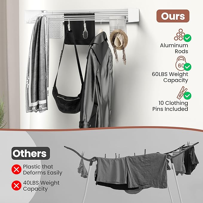 Wall-Mounted Clothes Drying Rack – Foldable Laundry Drying Rack, Space-Saving Wall Mounted Clothes Rack, Tri-Fold Wall Mounted Drying Rack for Laundry Room