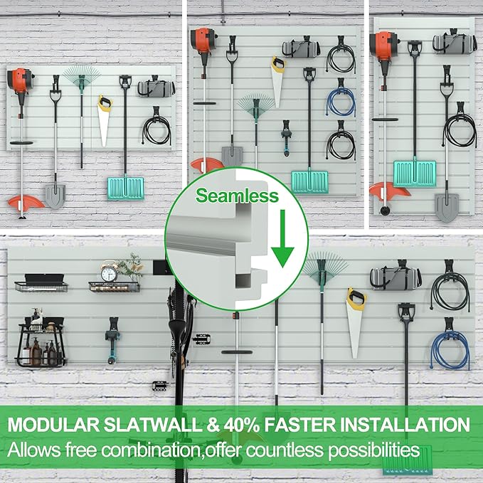 RELIANCER PVC Slat Wall Panels,4ft by 2ft (8 sqft) Garage Wall Organizer Storage System,Interlocking Slatwall Paneling Sheets,Workshop Slatwall Shelves Tools Organization,Wall Mounted Storage Rack