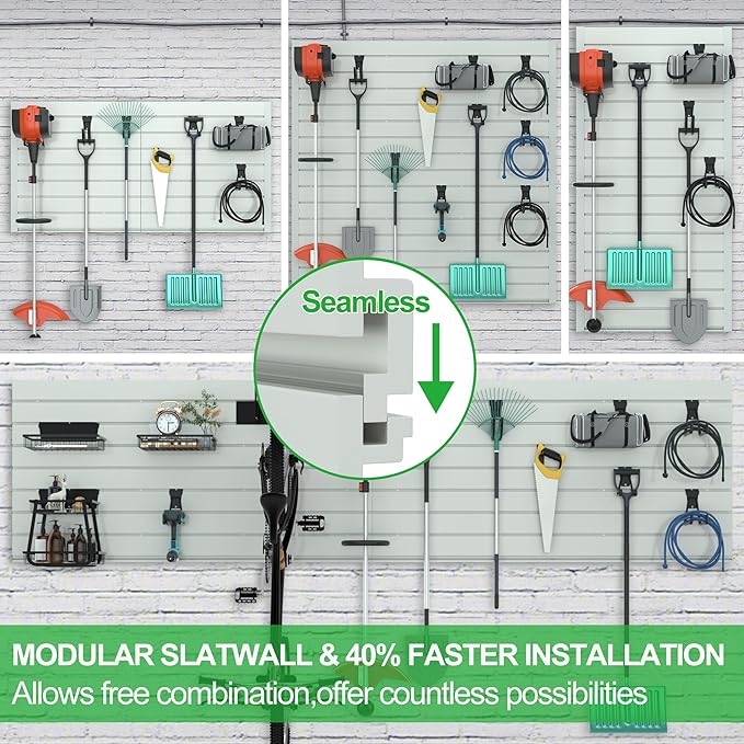 RELIANCER PVC Slat Wall Panels,4ft by 4ft (16 sqft) Garage Wall Organizer Storage System,Interlocking Slatwall Paneling Sheets,Workshop Slatwall Shelves Tools Organization,Wall Mounted Storage Rack