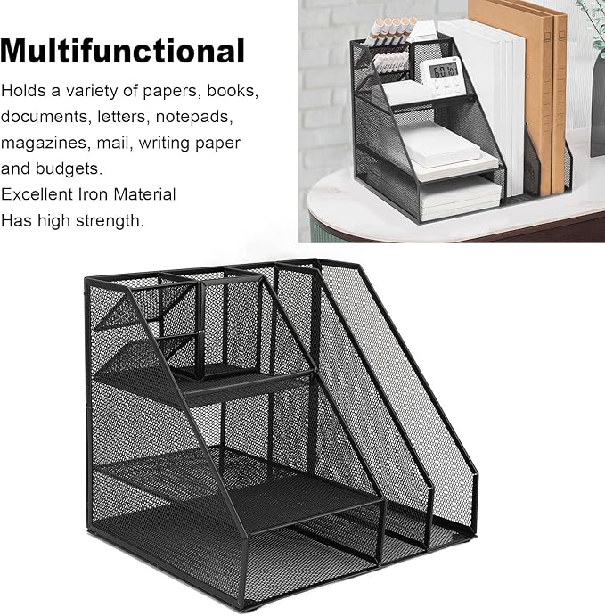 Metal Mesh Desk Organizer, Multifunctional Pen Holder & Office Supplies Organizer with Durable Lightweight Black Iron Design