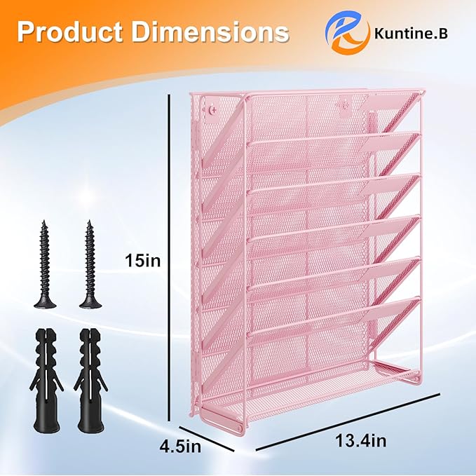 Kuntine.B Wall File Organizer Hanging Magazine Holder (Pink, 7 Tier 2 Pack)