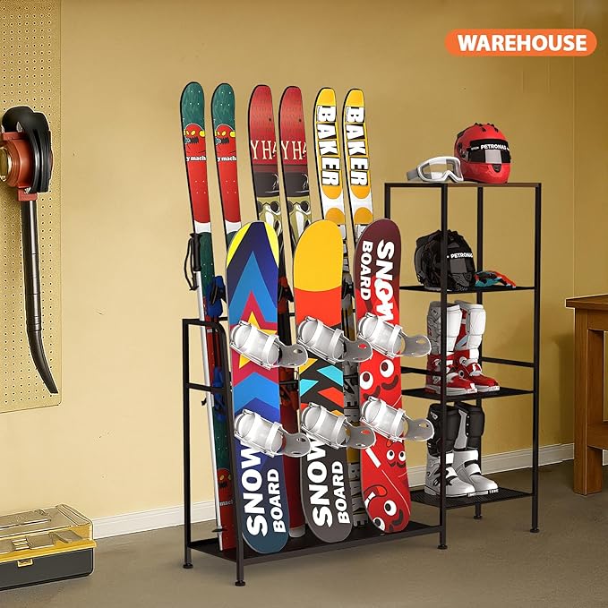 Freestanding Snowboard Rack, 4 Pair Ski, 3 Pack Snowboard, Boot, Pole, Goggles, Snowboard Gear, Ski Rack for Garage