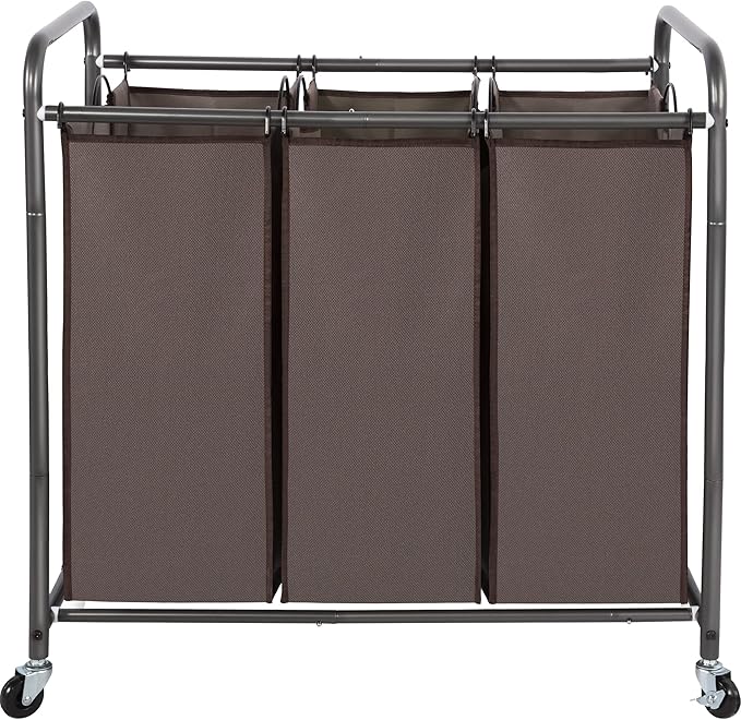 STO STO Laundry Sorter 3 Section, 3 Bag Laundry Hamper, Rolling Laundry Cart, Laundry Basket with Heavy Duty Lockable Wheels and Removable Bag for Clothes Storage, Brown