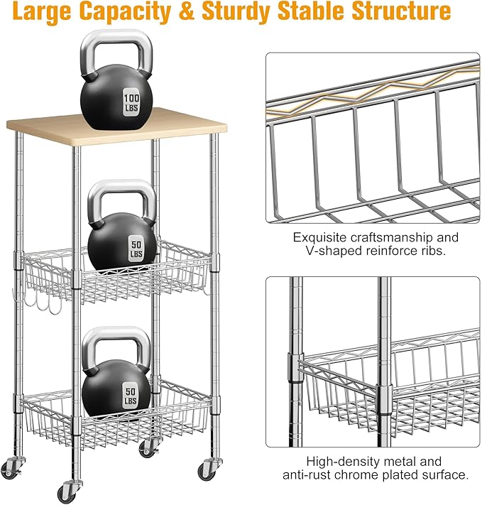 Homeiju Rolling Kitchen Storage Cart, 3-Tier Storage Rack on Caster Wheels with Adjustable 2 Baskets, Coffee Station Cart Rack Shelf Organizer for Living Room Office, Balcony, Chrome/Silver