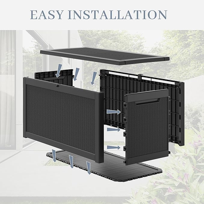 260 Gallon Large Resin deck box Waterproof,Outdoor Storage Bench,Patio Storage Box,Garden Tool Storage,Resin Large Sturdy Deck boxes with Double Wall Panels,Rattan Black