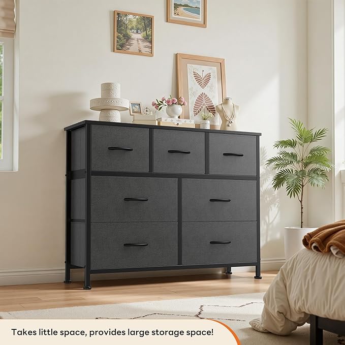Sweetcrispy 7 Drawer Dresser with Fabric Bins Fabric Storage Tower Organizer for Bedroom Closet Hallway Entryway Tall Chest of Drawers with Steel Frame Wood Top Easy Pull Handles,Dark Gray