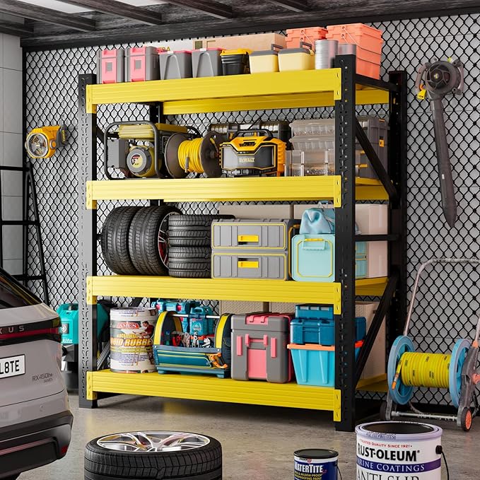 5000LBS Garage Storage Shelves, 59" W Garage Shelving Heavy Duty Adjustable Shelving Unit, 4 Tier Metal Utitly Shelves Industrial Shelving for Warehouses,Basement,Black Yellow
